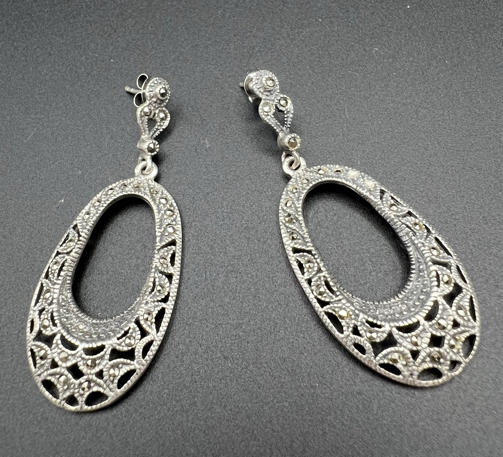 VTG Sterling Silver 925 Marcasite Filigree Oval Post/dangle Earrings