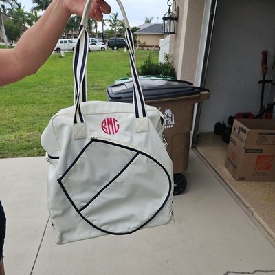 MARK & GRAHAM PREPPY White/Navy stripe TENNIS RACQUET BAG Monogramed BMG