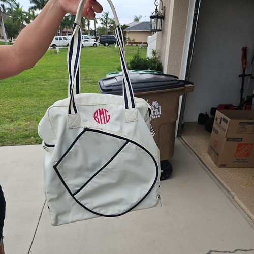 MARK & GRAHAM PREPPY White/Navy stripe TENNIS RACQUET BAG Monogramed BMG