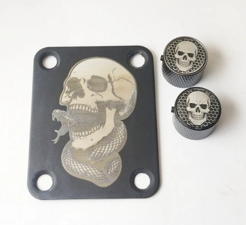 Guitar Neck Plate Skull Snake Engraved custom design, bass ,Strat Tele + 2 knob