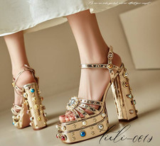 Womens Rhinestone High Block Heel Sandals Cocktail Evening Shoes Party Ball Gown