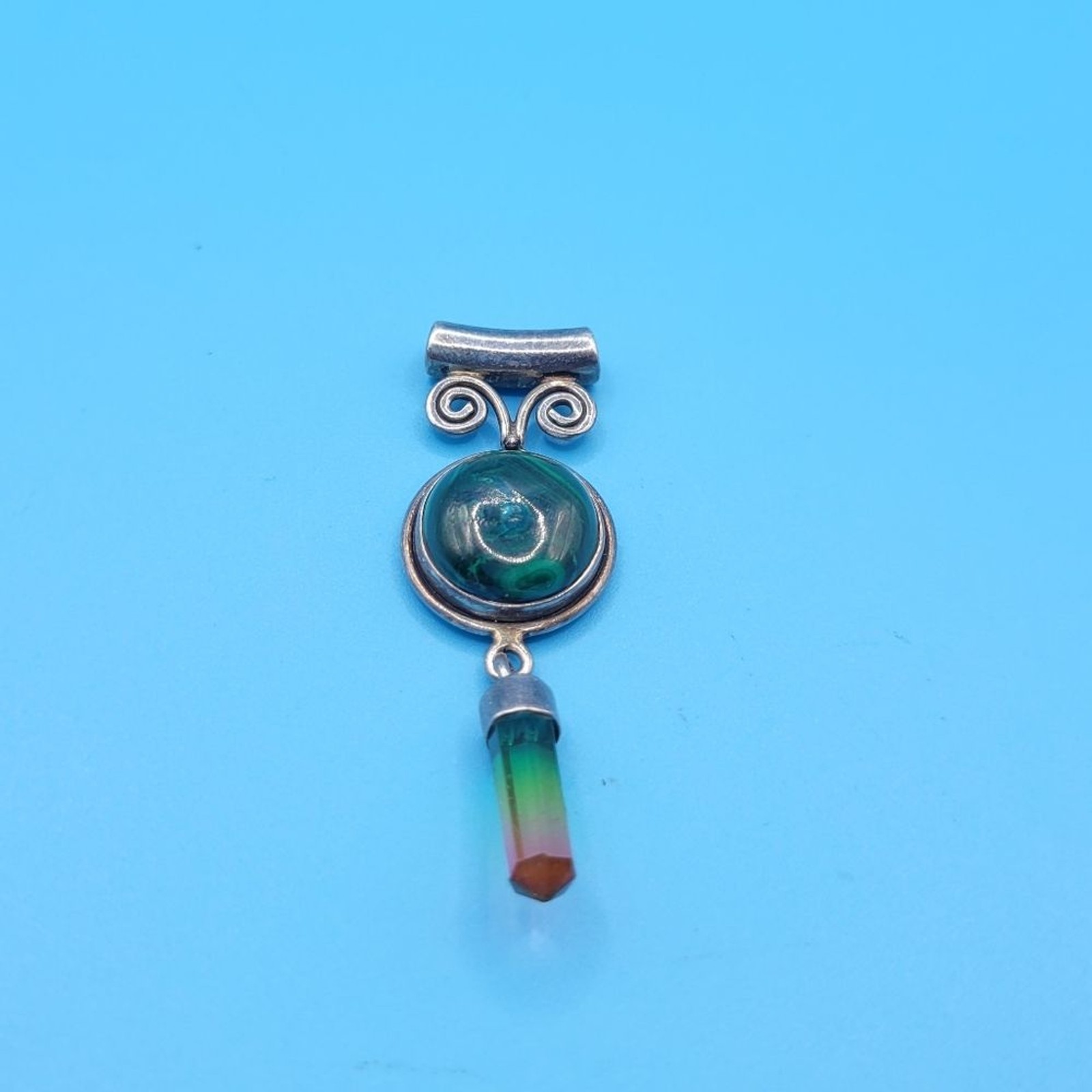 Sterling Silver Circle Malachite Dangle Rainbow G… - image 5