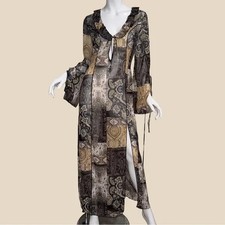 Sheer Boho Neutral Patchwork Long Sleeve Maxi Dress Slit Romantic Soft Grunge S
