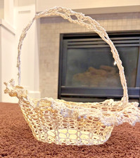 Crocheted Basket with Handle Starched Ecru 14" x 4"