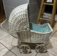 Vintage Wicker Doll Baby Carriage Buggy Stroller White Victorian Canopy
