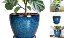 Ceramic Planter Pot Round Plant Pot for Indoor Plants 10 Inch Blue-glaze