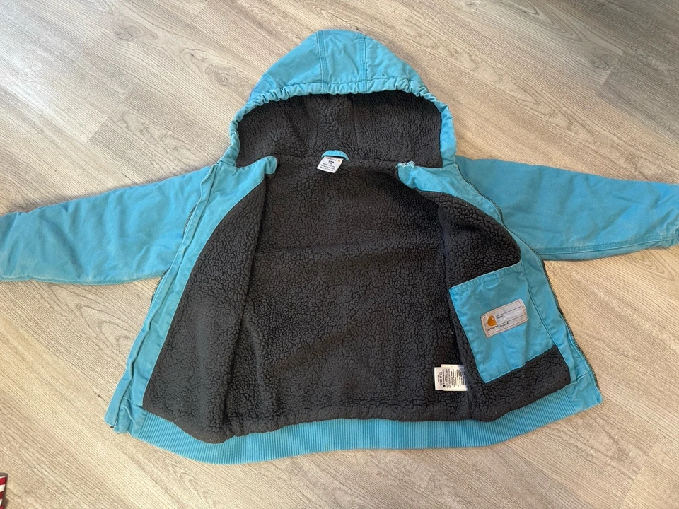 Carhartt Teal Blue Canvas & Sherpa Lined Hooded Jacket Youth Small 6-7 - Image 3 of 4