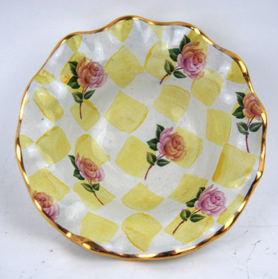 MacKenzie Childs Yellow Checkered With Roses Small Fluted Bowl with Gold Trim