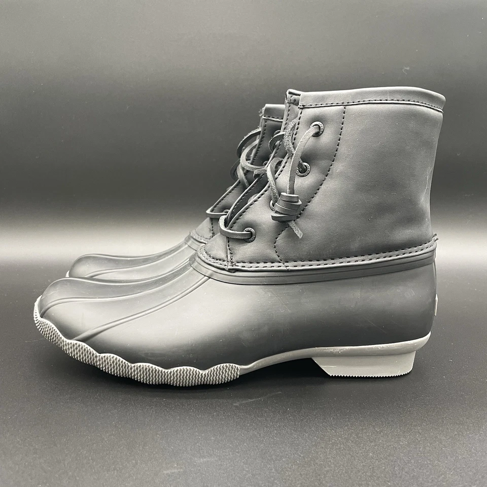 Botas Sperry Pato Agua Salada Niñas Talla 6M Negras Con Gris Plateado Parte Inferior Cremallera Lateral Foto 2 de 4