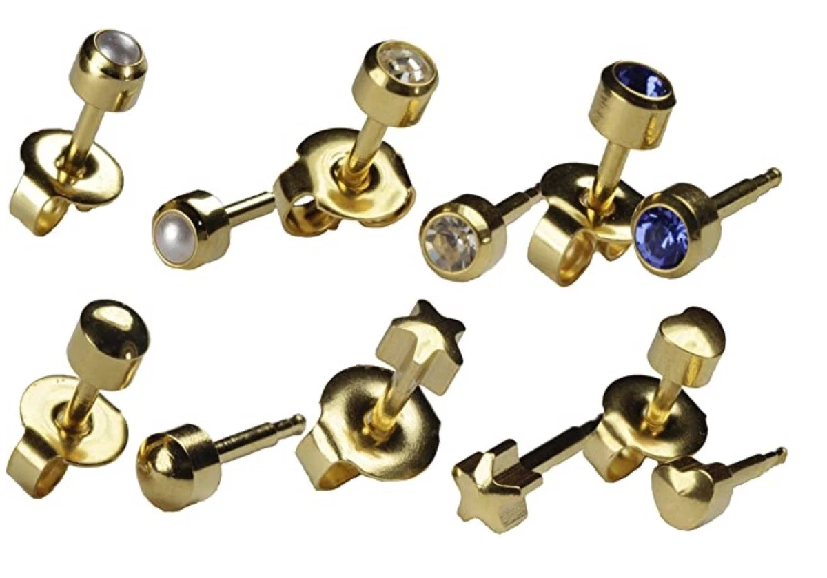 STUDEX SET 6 PAIRS GOLD PLATED OR STAINLESS STEEL 4MM EARRINGS EAR PIERCING STUD