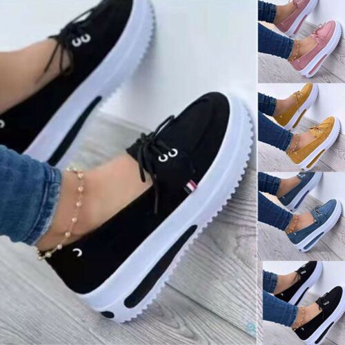 Women Block Shoes Slip On Closed Toe Platform Flat Wedge Casual Lace Up Sneakers - Picture 1 of 11