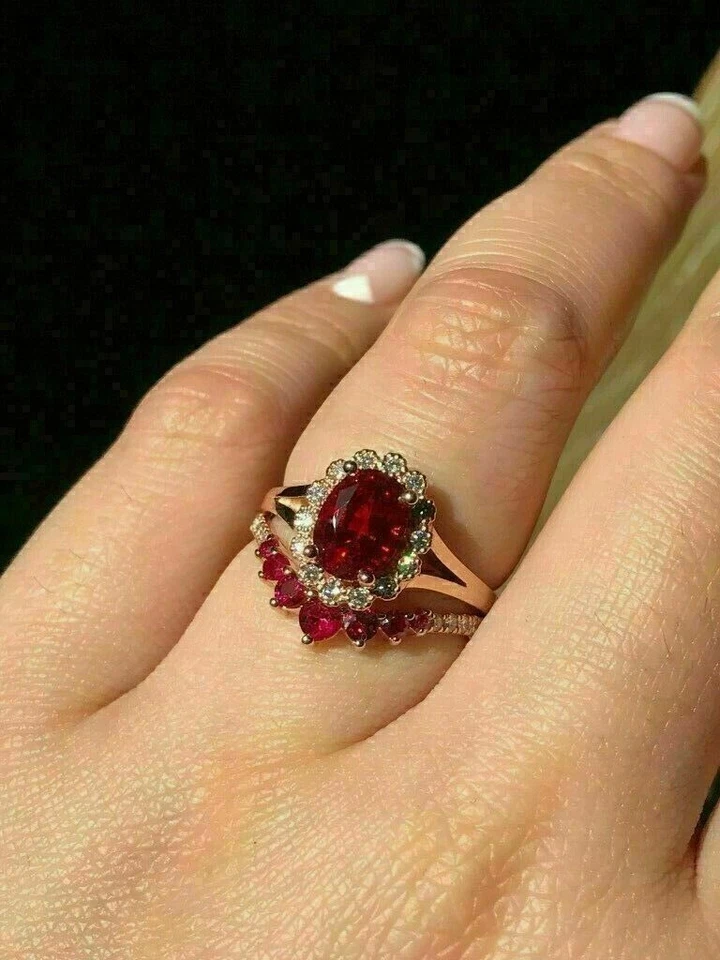 2Ct Oval Cut Lab Created Red Ruby Bridal Set Wedding Ring 14K Yellow Gold Plated - Image 3 of 4