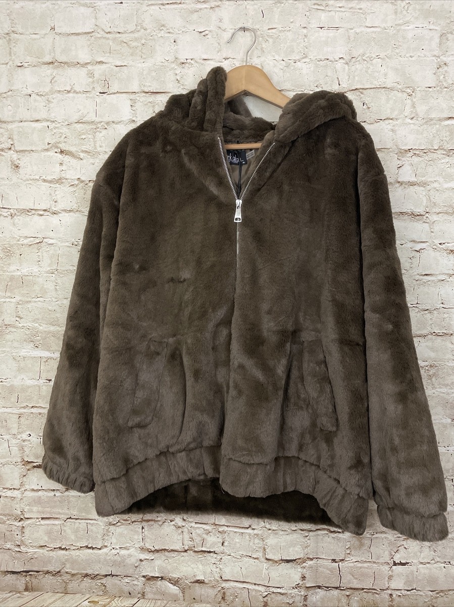 Mark Alan New York Chocolate Faux Fur Hoodie Zip Up Jacket Coat