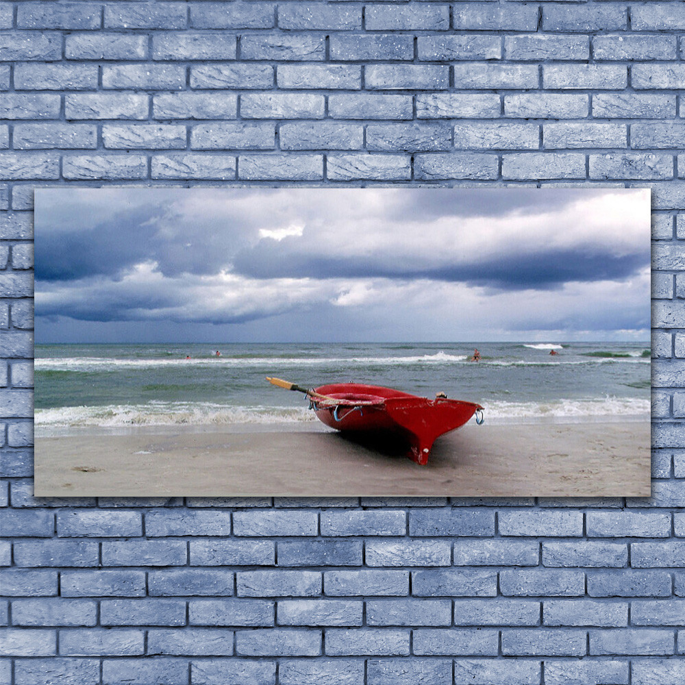 Tableau paysage mer plage bateau avec impression sous verre 140x70 cm horizontal