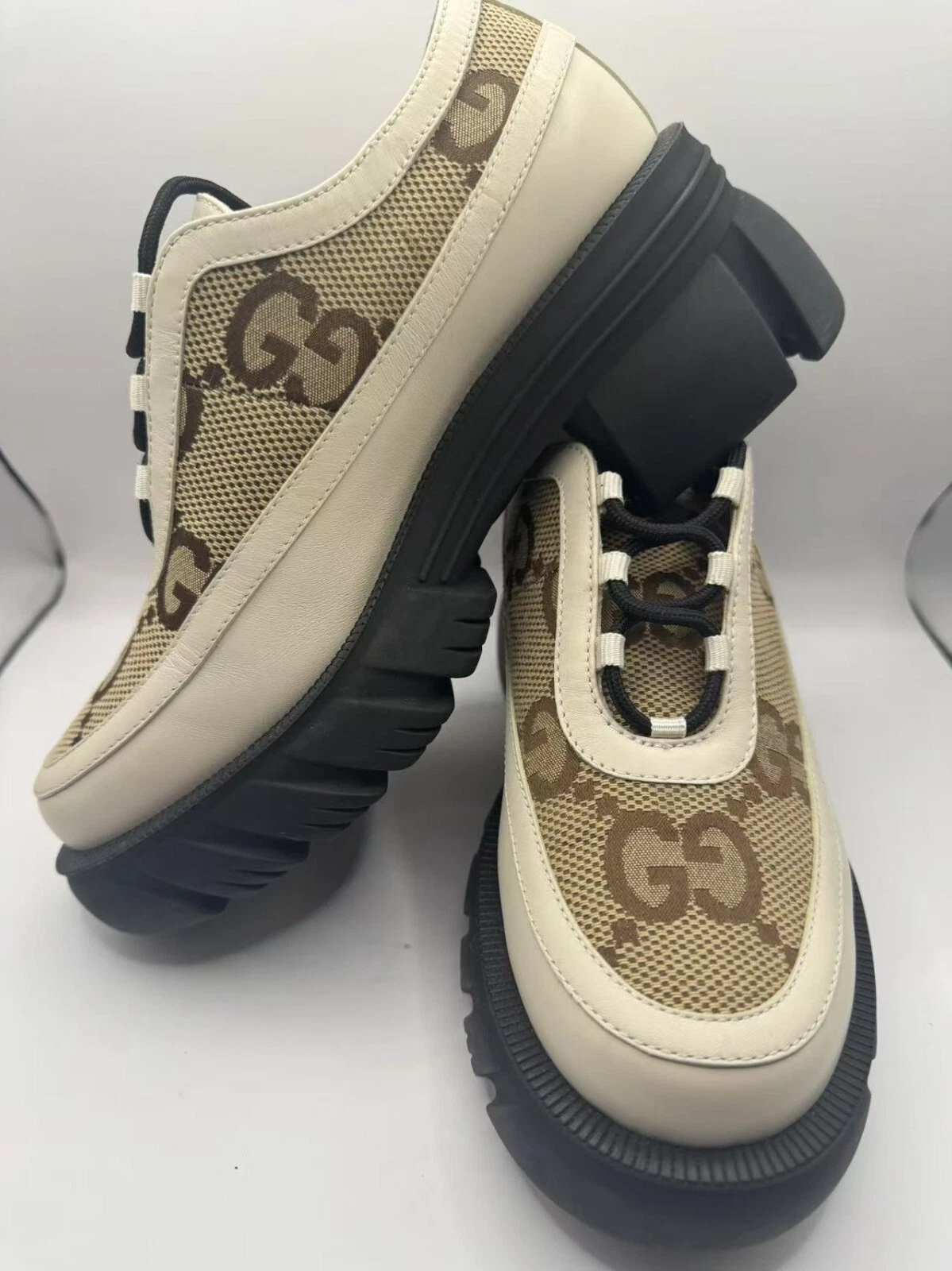 Mocassins femme Gucci GG toile cuir blanc semelle épaisse à lacets TAILLE 37,5 avec boite