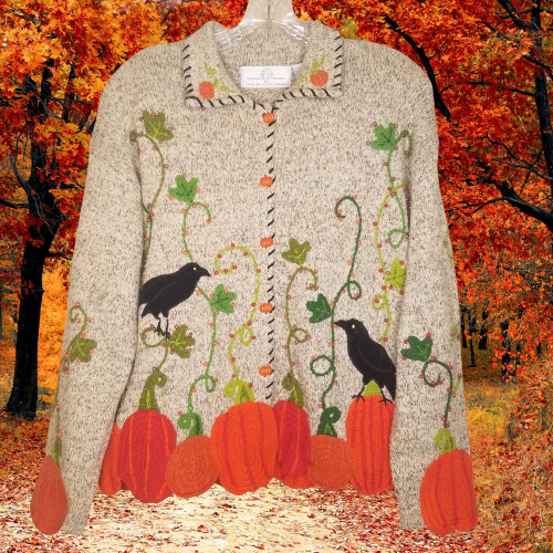 Design Options Pumpkin Cardigan Sweater MEDIUM Beaded Crochet Button Long Sleeve