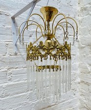 27" x 11" Antique Petite French Chandelier, Glass Prism, Tiered, Brass, Pendant