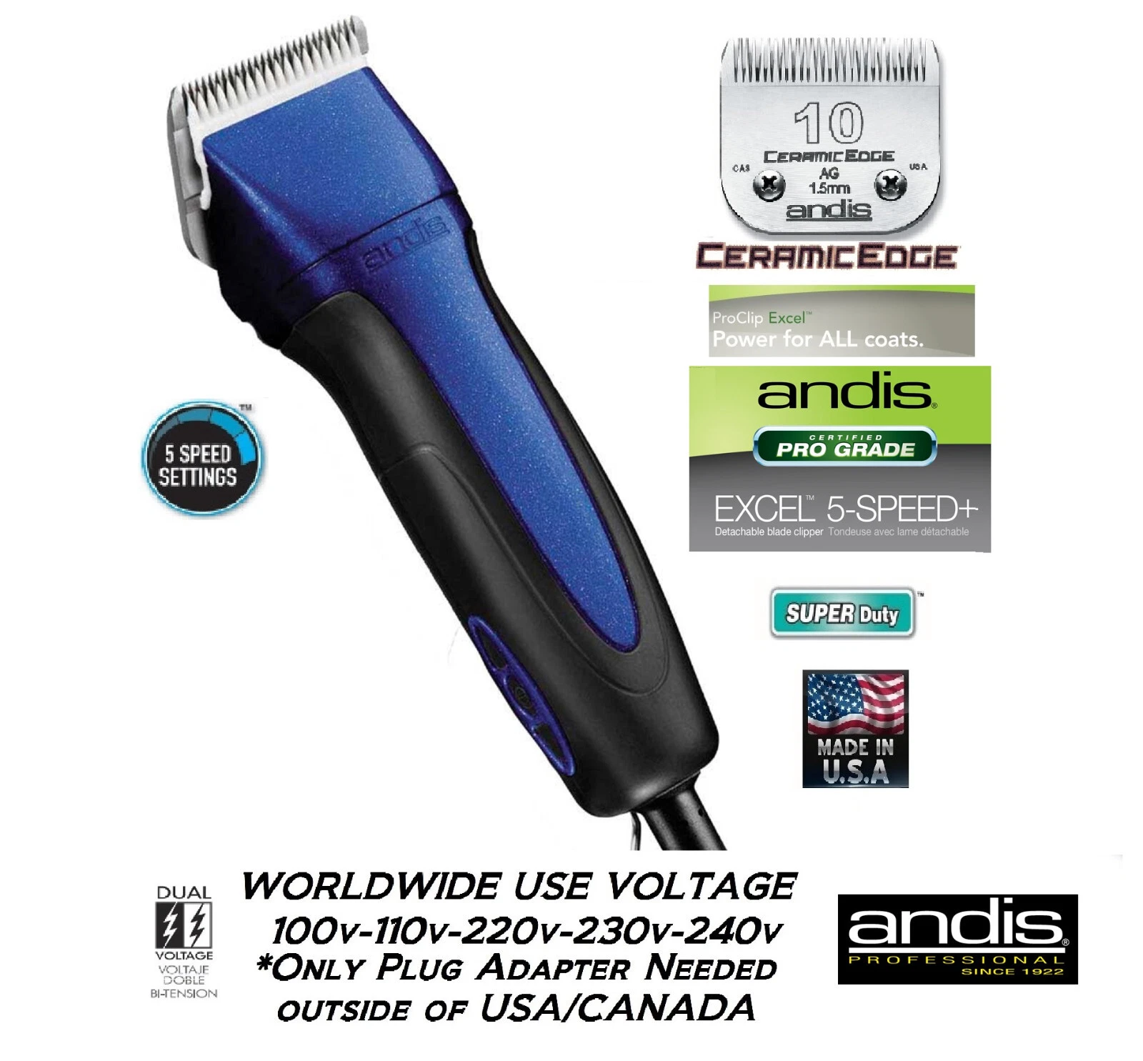 Andis Super Duty 5-Speed Excel CLIPPER & CERAMICEDGE 10 BLADE-Pet Grooming*BLUE