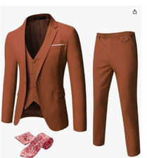 Men  s 3-Piece Slim Fit Suit One Button LARGE Brown Jacket Vest Pant Tie