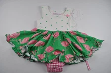 Sweet Honey Clothing Dress Infants Sz 12 Months Green with Pink Flamingos