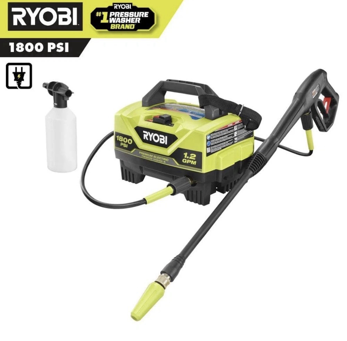 Ryobi RY141802 1800 PSI 1.2 GPM Electric Pressure Washer, 20