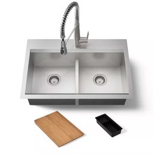 Lassen 33" Drop-in 2 Bowl Stainless Steel Kitchen Sink Workstation Faucet Accs