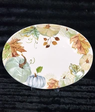 Sage Leaves & Pumpkins Oval Platter 15" Thanksgiving Autumn Hill Potter's Studio
