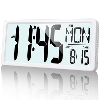 XREXS Large Digital Wall Clock Battery Operated with Backlight, Large, White