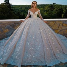 Sparkly Sequin Applique Long Sleeve Wedding Dresses Off-Shoulder V Neckline Gown