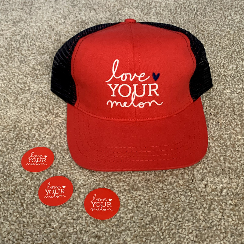 NEW Love Your Melon Red Mesh Trucker Baseball Hat & 3 Stickers Set Mens Womens