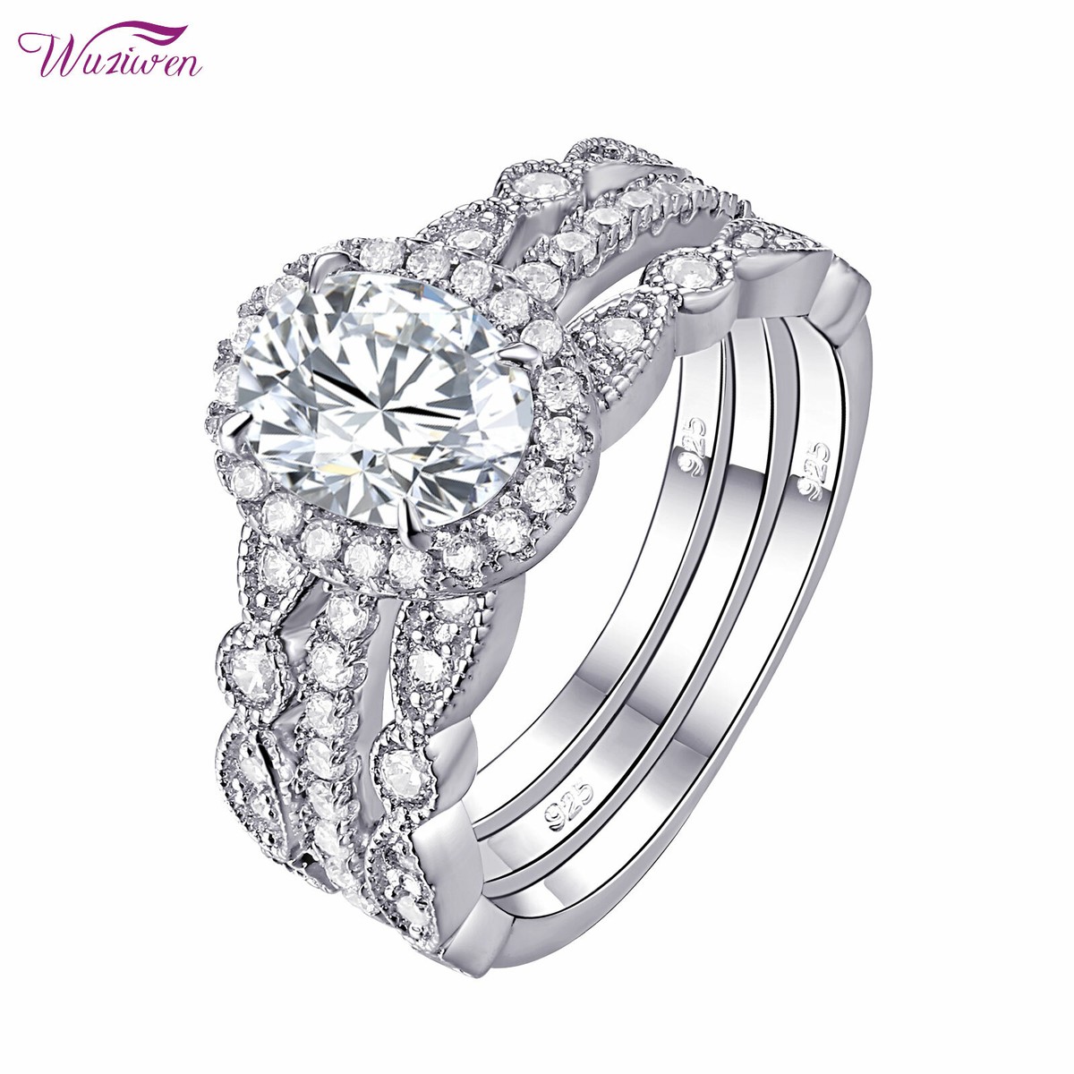 Wuziwen Sterling Silver 925 Women's Engagement Ring Set - 2CT Princess Cut 5A CZ With Accents 3 thumbnail image