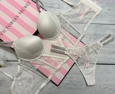 Victorias Secret Shine Strap Push Up Bra Top Longline Corset Thong Set White