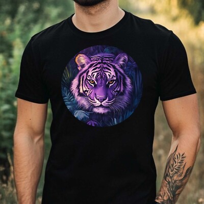 T-Shirt Herren Lila Tiger Motiv Baumwolle Größe XS bis 5XL
