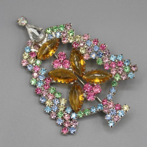 Vtg RON Rhinestone Christmas Tree Brooch Pin 1950s Pastel Crystal Large Austrian - 第 5/5 張圖片