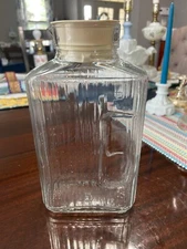 Vintage Clear Ribbed Glass Refrigerator Bottle with Lid and Grip Handle 2Qt