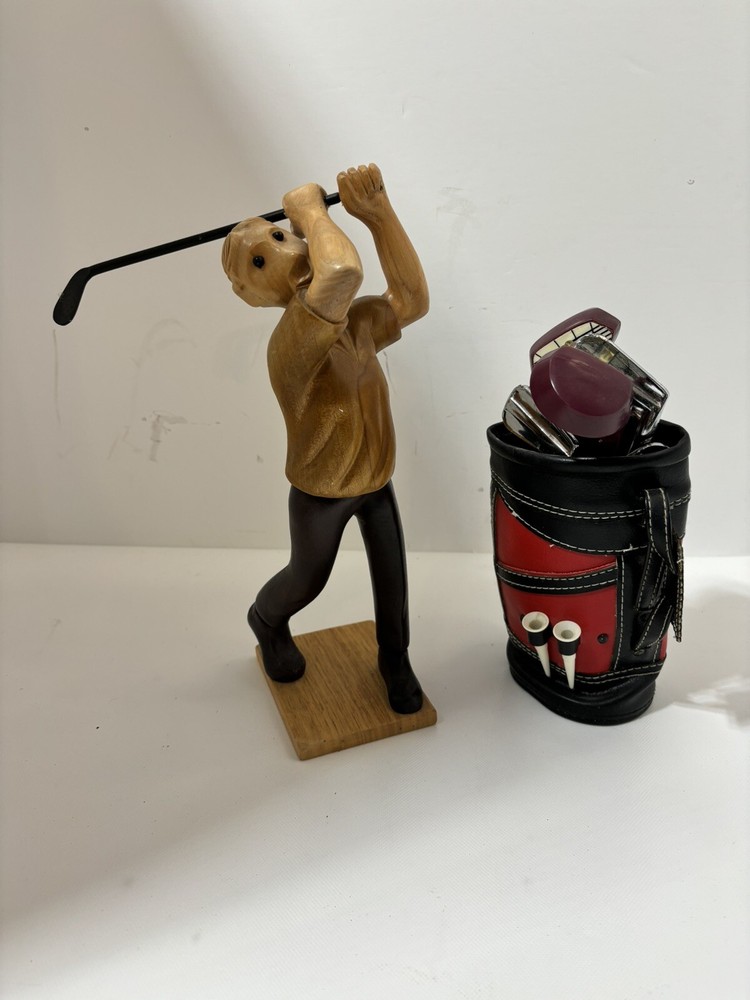 Wooden Carving Statue Figurine Figure Male Golfer- Made in Italy & Gold Bag Set