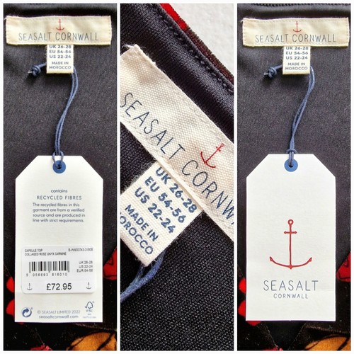 Seasalt Size 26-28 RRP £73 BNWT Black/Red/Green Floral Pattern V-Neck Velvet Top - Picture 8 of 13