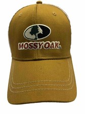 Mossy Oak Trucker Hat Cap Fabric is Gold, Mesh is Beige w Logo Snapback worn.