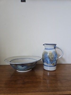 Tested By Fire Pottery Bowl Pitcher Handmade Blue Glaze Thrown Coastal Fisherman