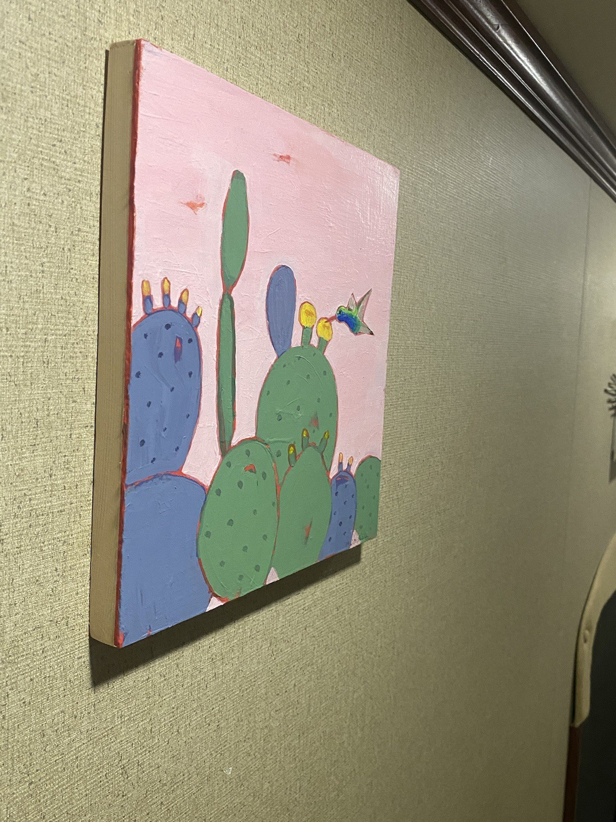 Hummingbird in the Cactus Flowers small acrylic painting 