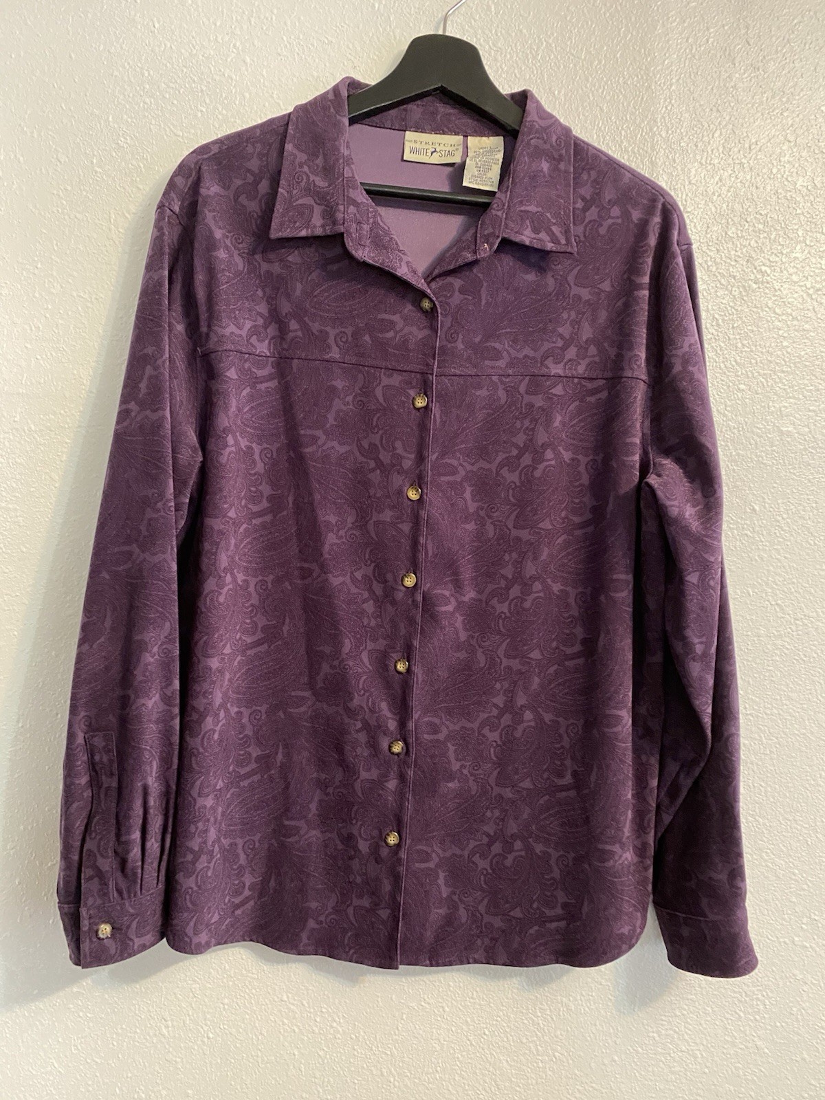 Vtg White Stag L Purple Button Up Faux Suede Shirt, Boho AOP, Y2K Phoebe C16