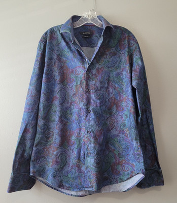 Bugatchi Shaped Fit Men's Paisley Button-Up Shirt Blue Purple Long Sleeve Size M