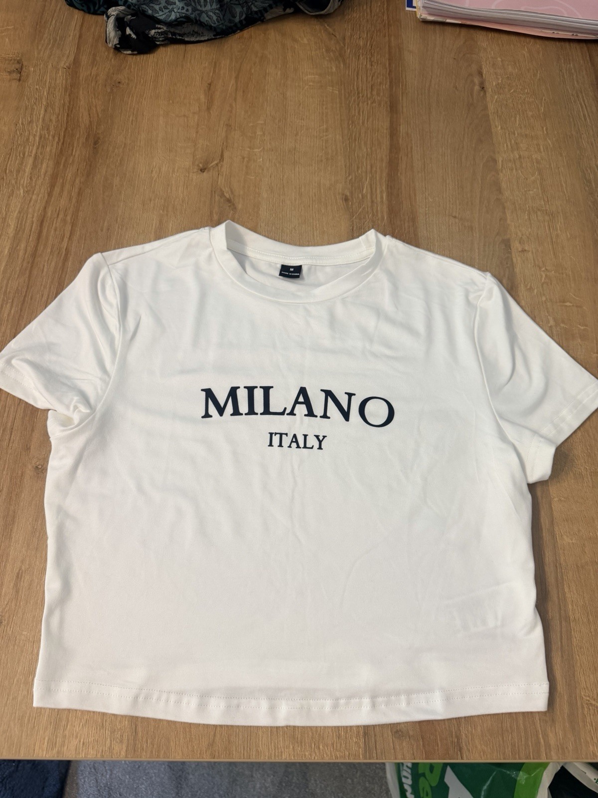 Camiseta deportiva para mujer talla M blanca con logotipo de Milán Italia SS cuello redondo elástica