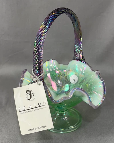 Vtg Fenton Basket Glass Willow Green Opalesce Iridescent Purple 95th Anniversary