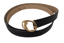 Gucci Women's Navy Leather Belt - Gold Tone G Monogram Buckle - Size M/L 