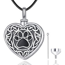 Heart Urn Necklace 925 Sterling Silver Dog Ashes Paw Print Cremation