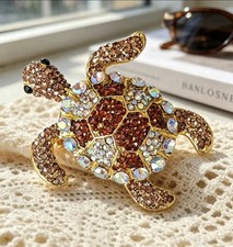 Sea Turtle Brooch Pin Rhinestone Crystal Gold Tone Brown AB Jeweled Animal