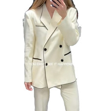 Zara Womens Blazer Contrast Trim Jacket Sz M Ecru Double Breasted 3085/694 NWT