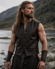 Men's Dark Brown Distressed Leather Viking Vest Medieval Buckle Warrior Cosplay