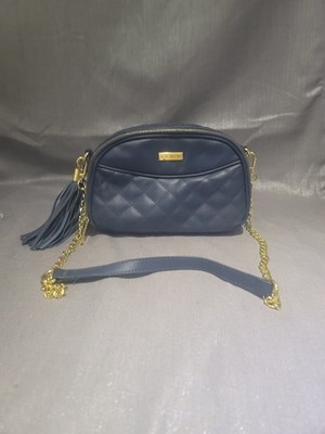 Joy & Iman Diamond Quilted Blue Leather Crossbody Bag Purse 2 Sides 4 Sections